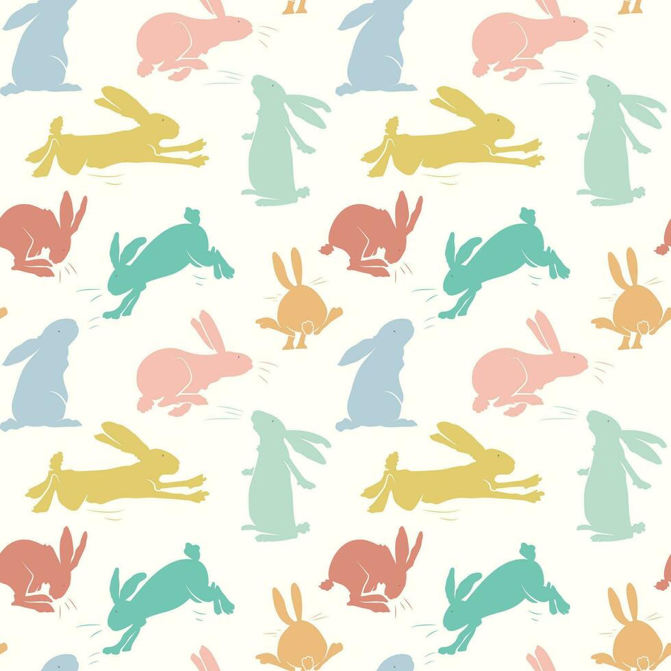 nahtlos Muster mit Kaninchen auf Pastell- Hintergrund. Hase Frühling Muster. Vektor Illustration zum Banner, Textilien, Tapeten.