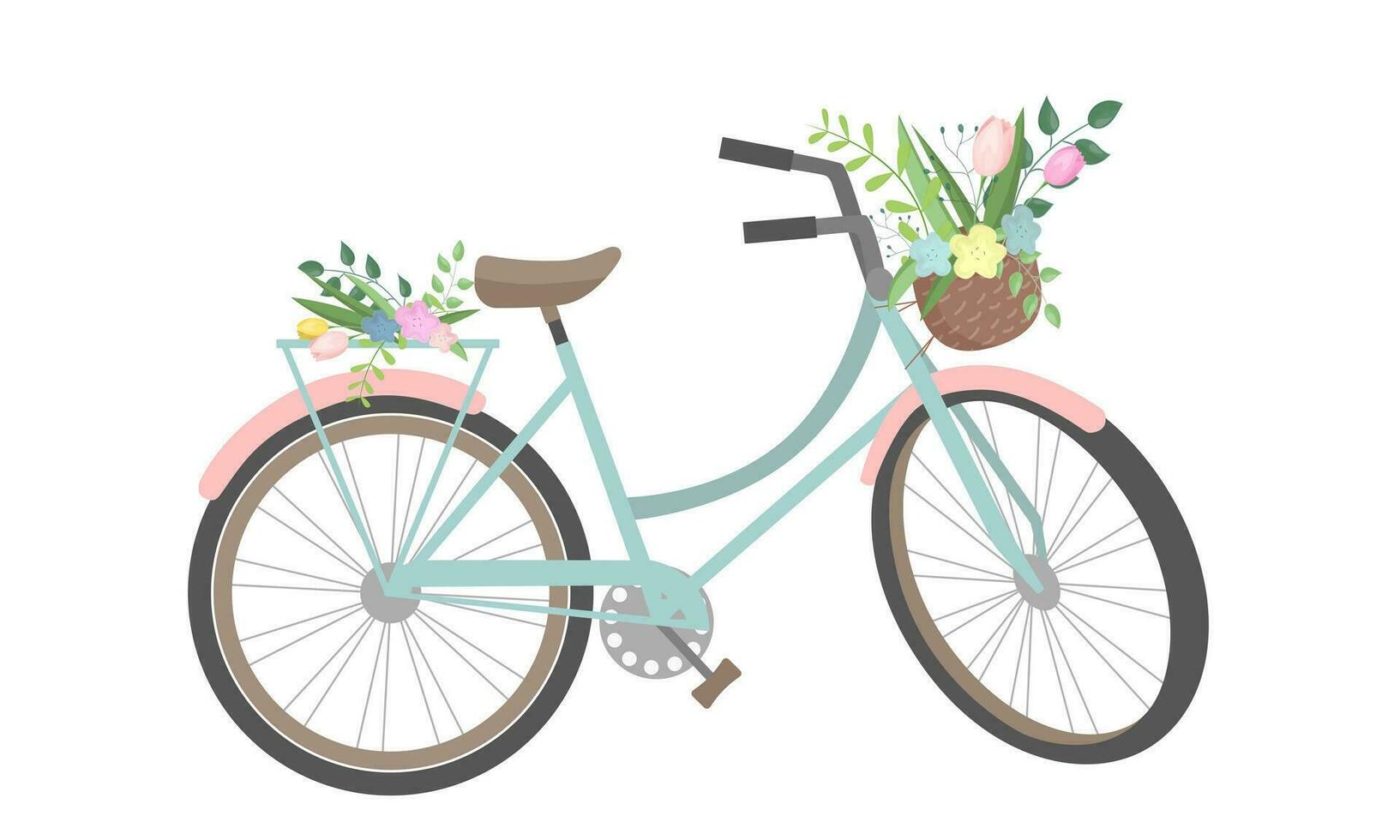 süß Fahrrad mit bunt Blumen und Korb. retro Fahrrad, Korb mit Blumen und Pflanzen. Vektor Illustration