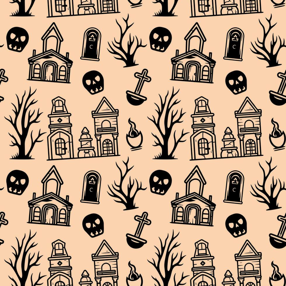 Halloween Muster mit Schloss, Baum, Schädel. einfarbig Halloween Hintergrund, Vektor nahtlos Muster.