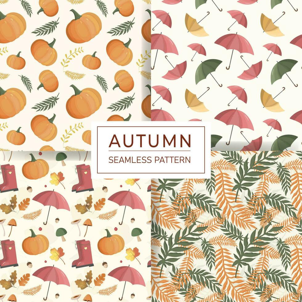 einstellen von nahtlos Herbst Muster mit Pilze, Blätter, Igel und herbstlich Elemente. Vektor Sammlung.