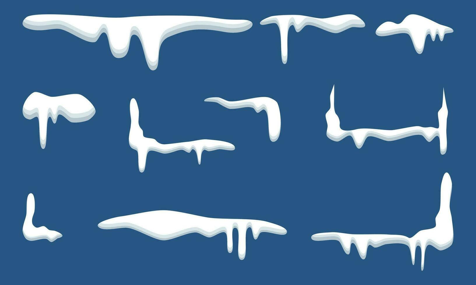 Illustration Vektor Grafik von Schnee Vektor Kappen. Schneeverwehungen Satz. Schnee Deckel Vektor Illustration. Winter Element, Rahmen Schnee Dekoration. Karikatur eben Dekoration mit Schneeflocken, Eiszapfen isoliert auf Blau.