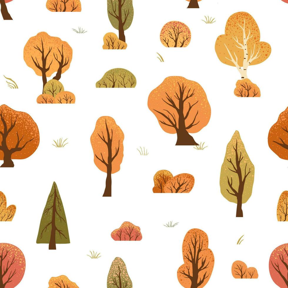 nahtlos Muster mit Herbst Bäume, Gebüsch. skandinavisch Stil Natur Illustration. fallen Landschaft Hintergrund. Vektor Illustration zum Textilien, Tapeten, Stoff Design, Verpackung Papier
