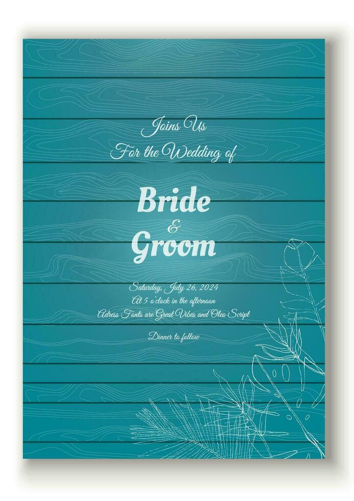 tropisk löv skiss översikt på blå trä textur bröllop inbjudan vektor