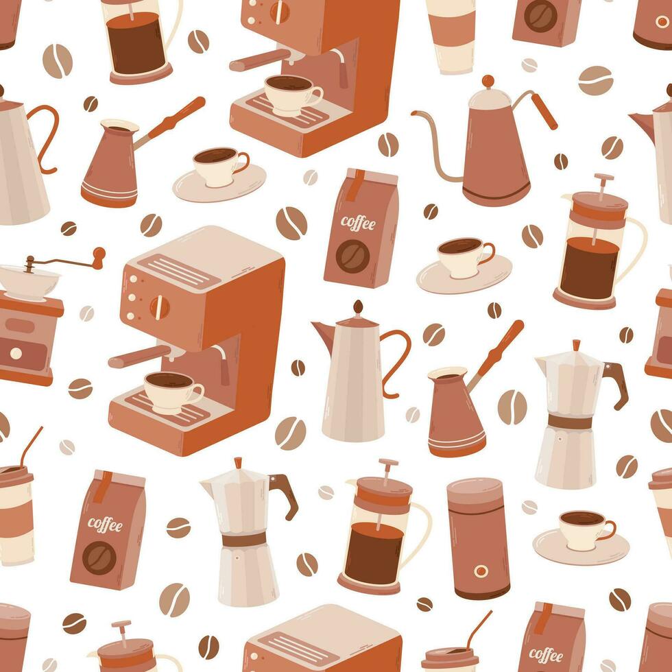 kaffe sömlös mönster med bryggning Utrustning. olika kaffe element. franska Tryck, kaffe maskin, mugg, kopp. vektor illustration