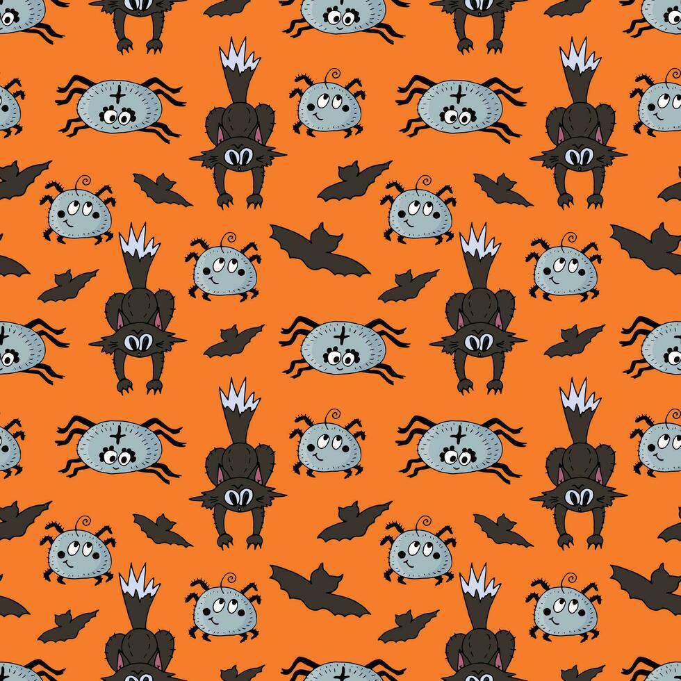 sömlös halloween mönster på ett orange bakgrund - svart katt, fladdermöss och spindlar. vektor klotter tecknad serie illustration