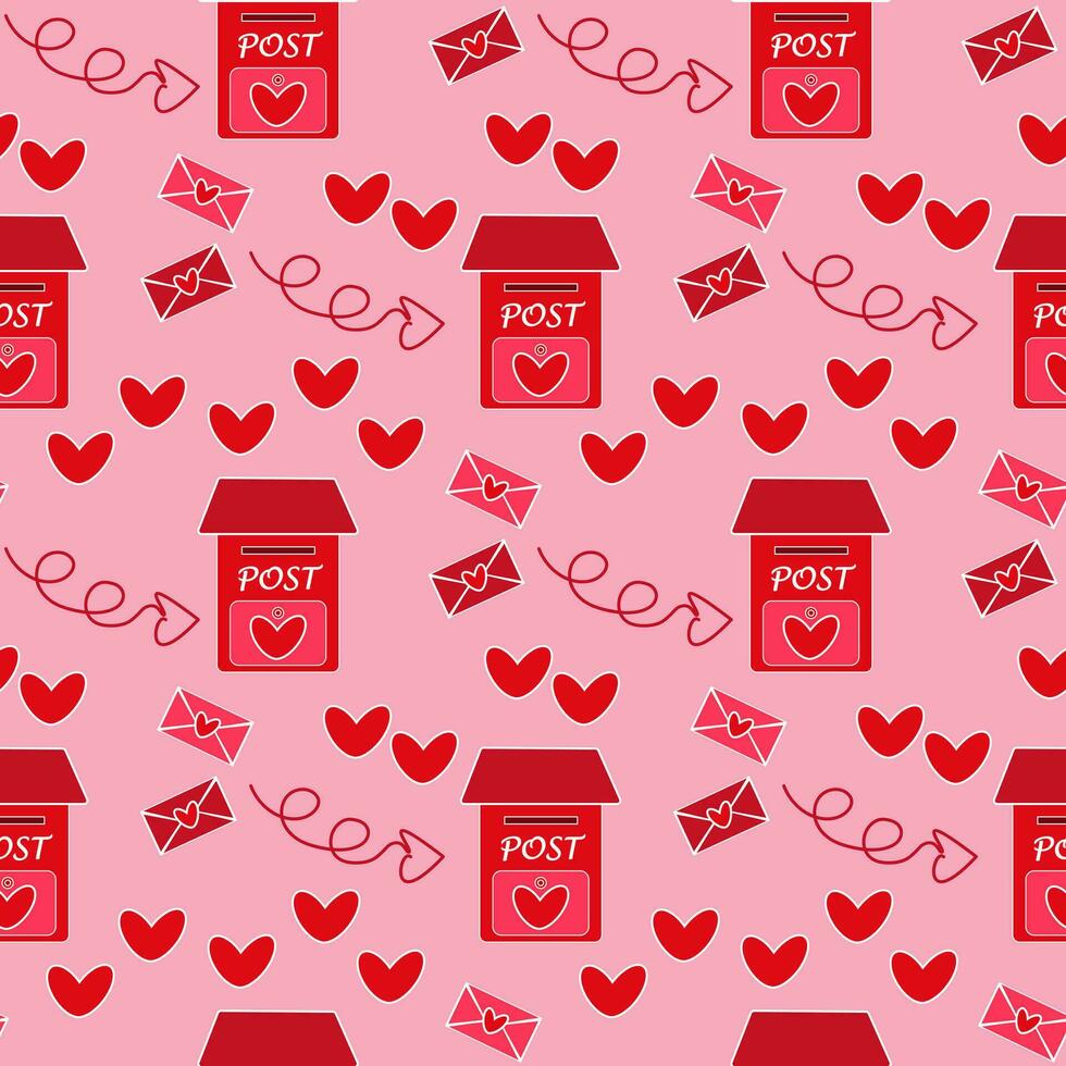nahtlos Muster Liebe Briefe - - Umschläge fliegen in ein rot Briefkasten mit ein Herz. Vektor Urlaub Valentinstag Tag Rosa Hintergrund
