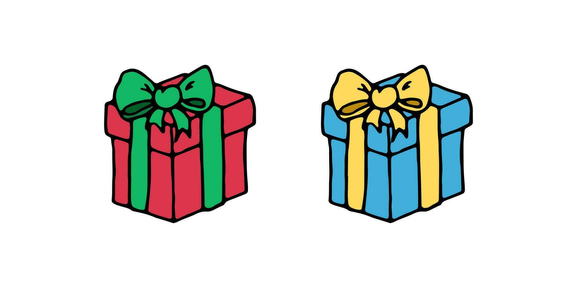 Weihnachten farbig solide Geschenk Karton Platz Kisten mit Verbeugungen. Vektor Gekritzel Karikatur Illustration zum Karten, Netz Design, Flyer, Einladungen