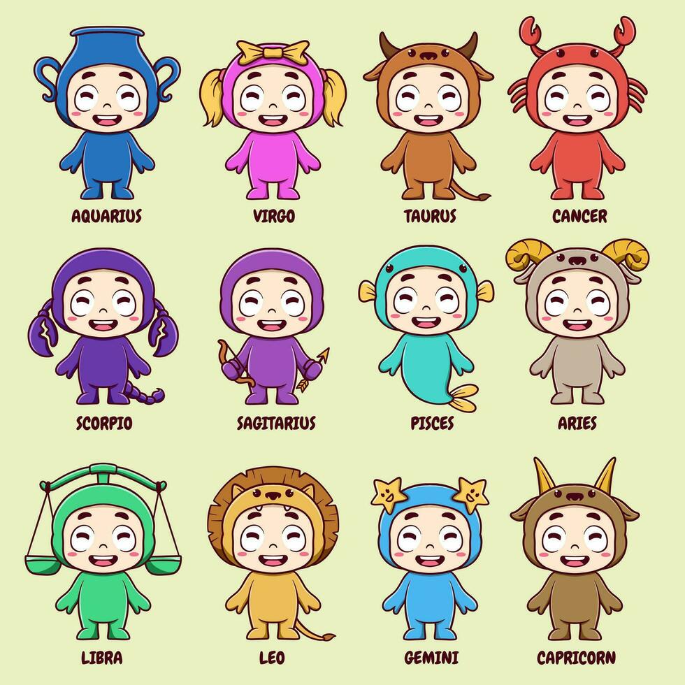 uppsättning av zodiaken tecknad serie människor vektor