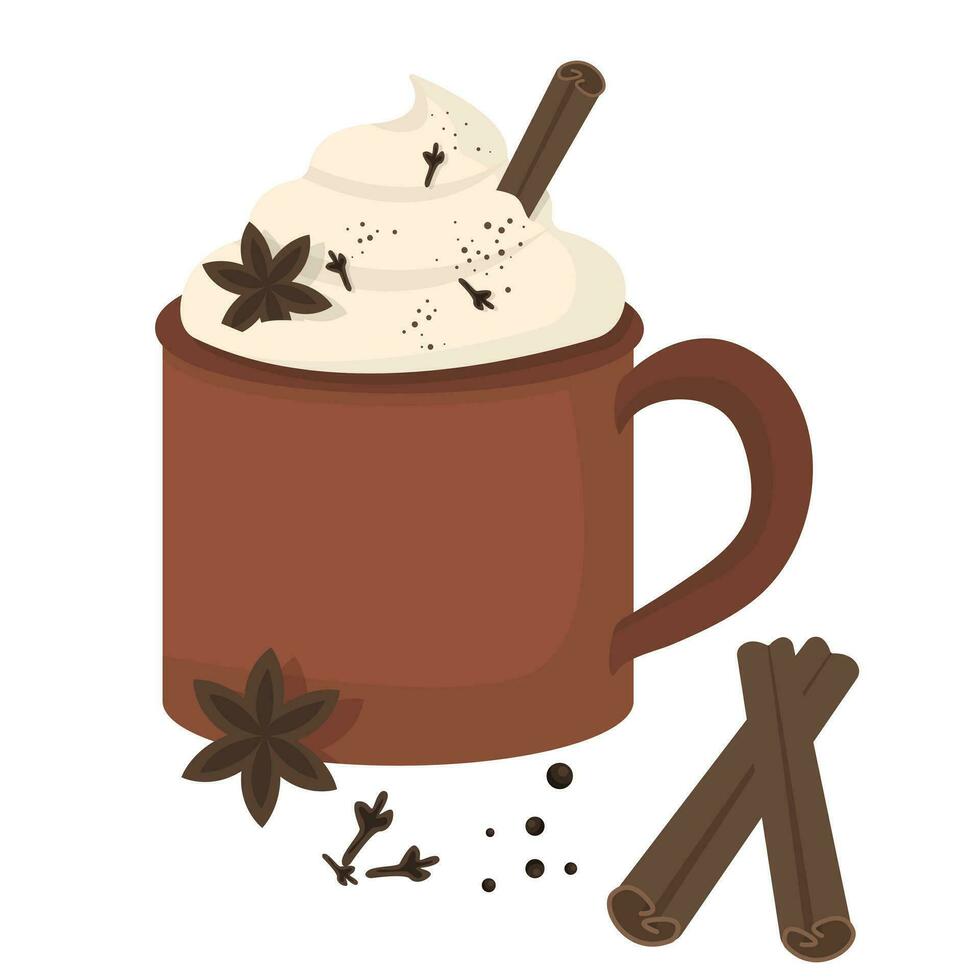 pumpa krydda latte med vispad grädde i de röd kopp. säsong- illustration av dryck med kanel, stjärna anis och kryddnejlika på vit bakgrund. vektor