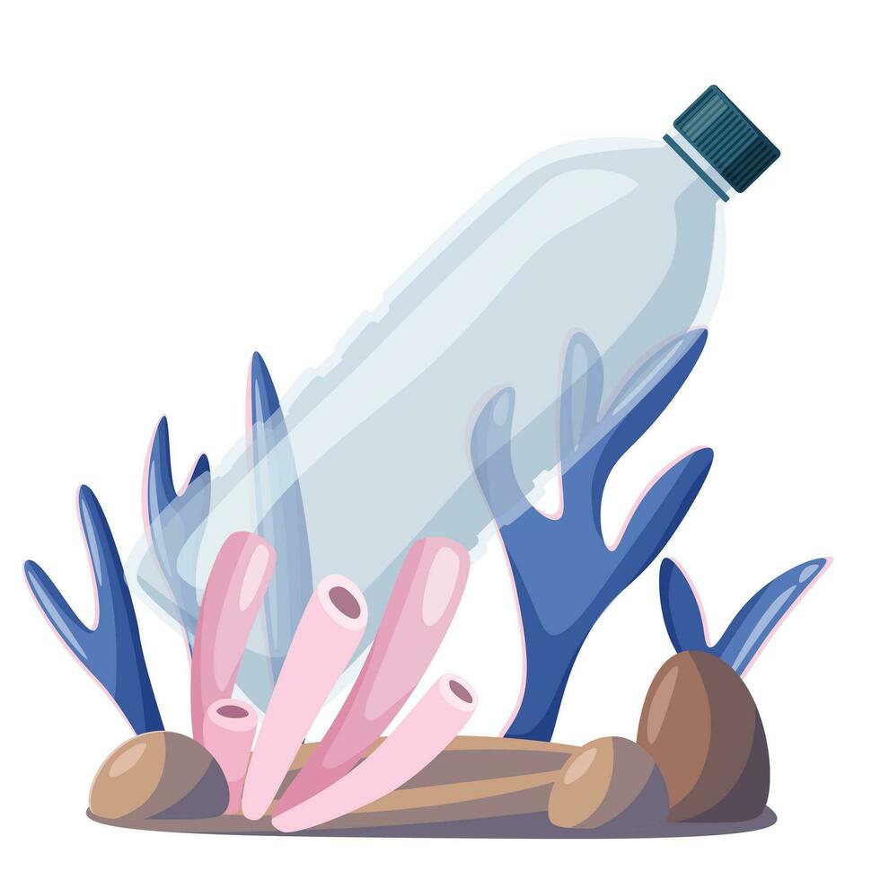 Ozean Verschmutzung, Plastik Verschmutzung Illustration, Müll unter das Meer. Plastik Flasche im Algen und Koralle. eben Stil, Vektor Illustration.