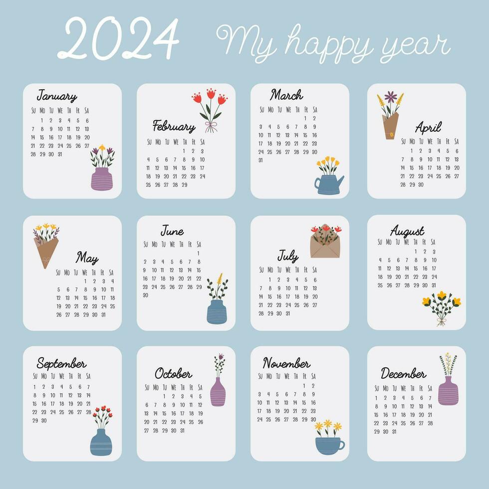 druckbar Hand gezeichnet Kalender 2024. Kalender Netz. Sonntag Standard. Vertikale Anordnung, Kalender von 12 Monate, Startseite Design Stil Vektor Illustration mit Hand gezeichnet Blumen im modisch Stil.