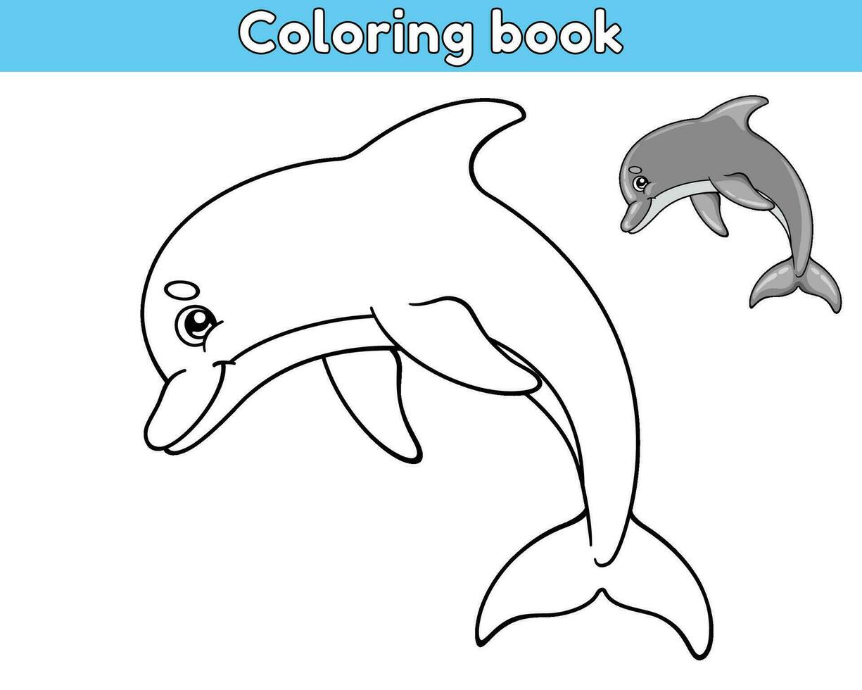 Seite von das Kinder Färbung Buch. Farbe Karikatur süß Springen Delfin. Arbeitsblatt zum Kinder mit Kontur Meer Tier. Vektor Gliederung Illustration Ozean Kreatur. isoliert auf ein Weiß Hintergrund.