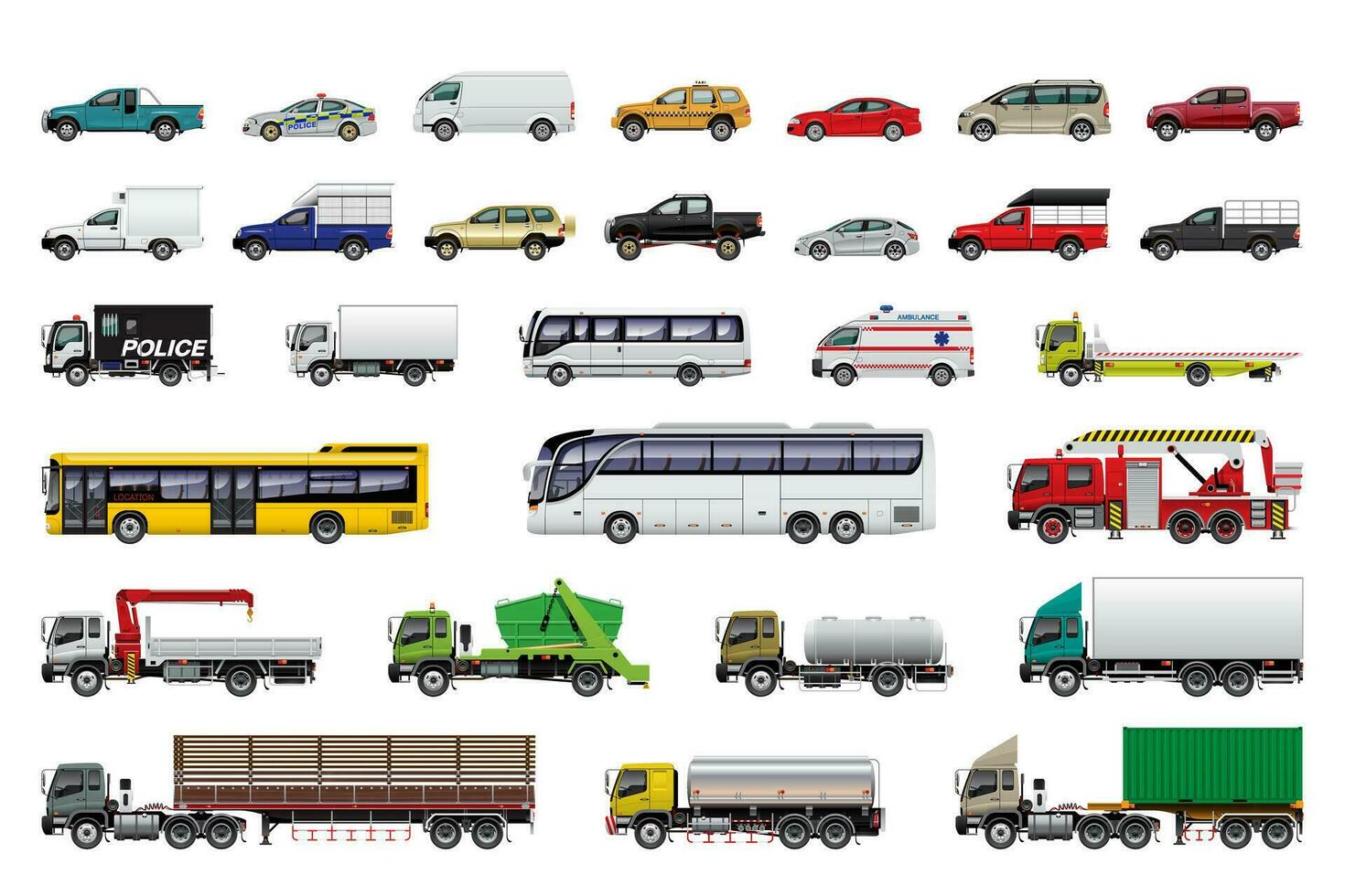 verschiedene Typen von Fahrzeuge Auto van Bus LKW und Anhänger. vektor