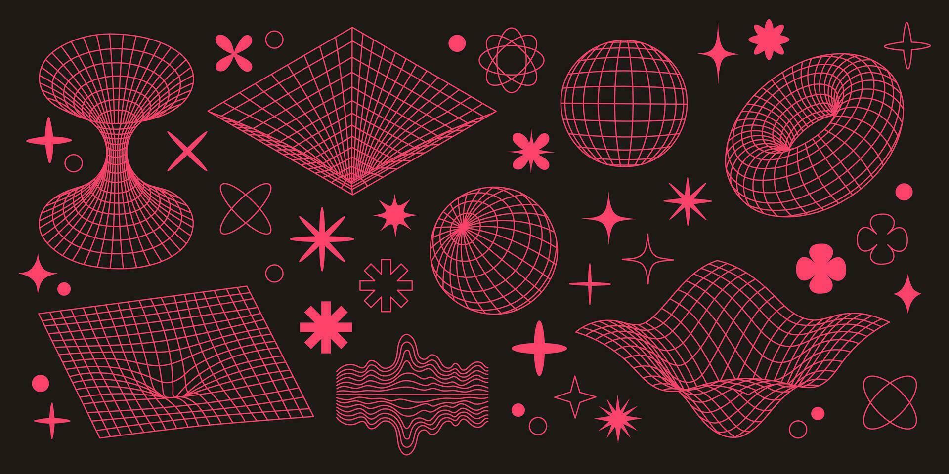 retro trogen uppsättning. rosa overkligt geometrisk former, trådram, cyberpunk element och perspektiv rutnät. abstrakt vektor illustration i trendig psychedelic techno stil. vektor illustration