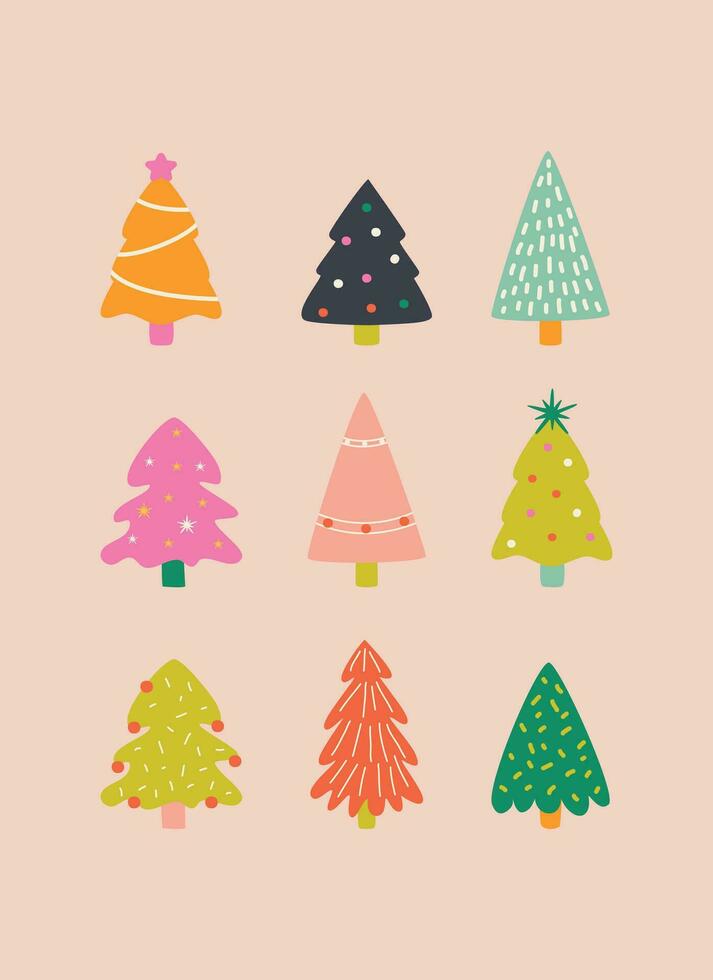 färgrik söt uppsättning av jul träd vektor illustration