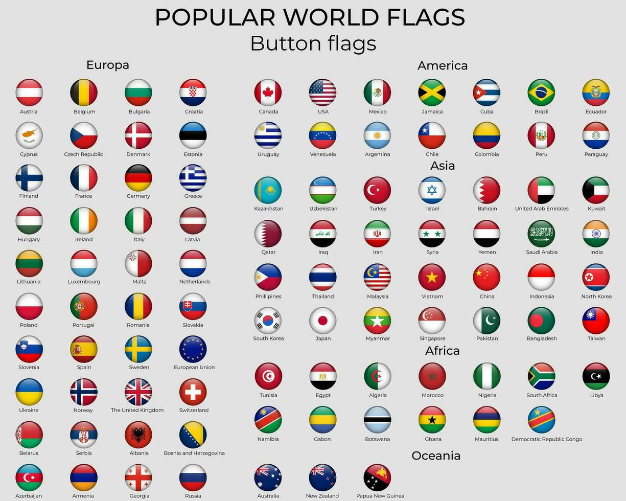 vektor runda flaggor av de värld. knapp flaggor. officiell rgb färg. populär värld flaggor uppsättning.