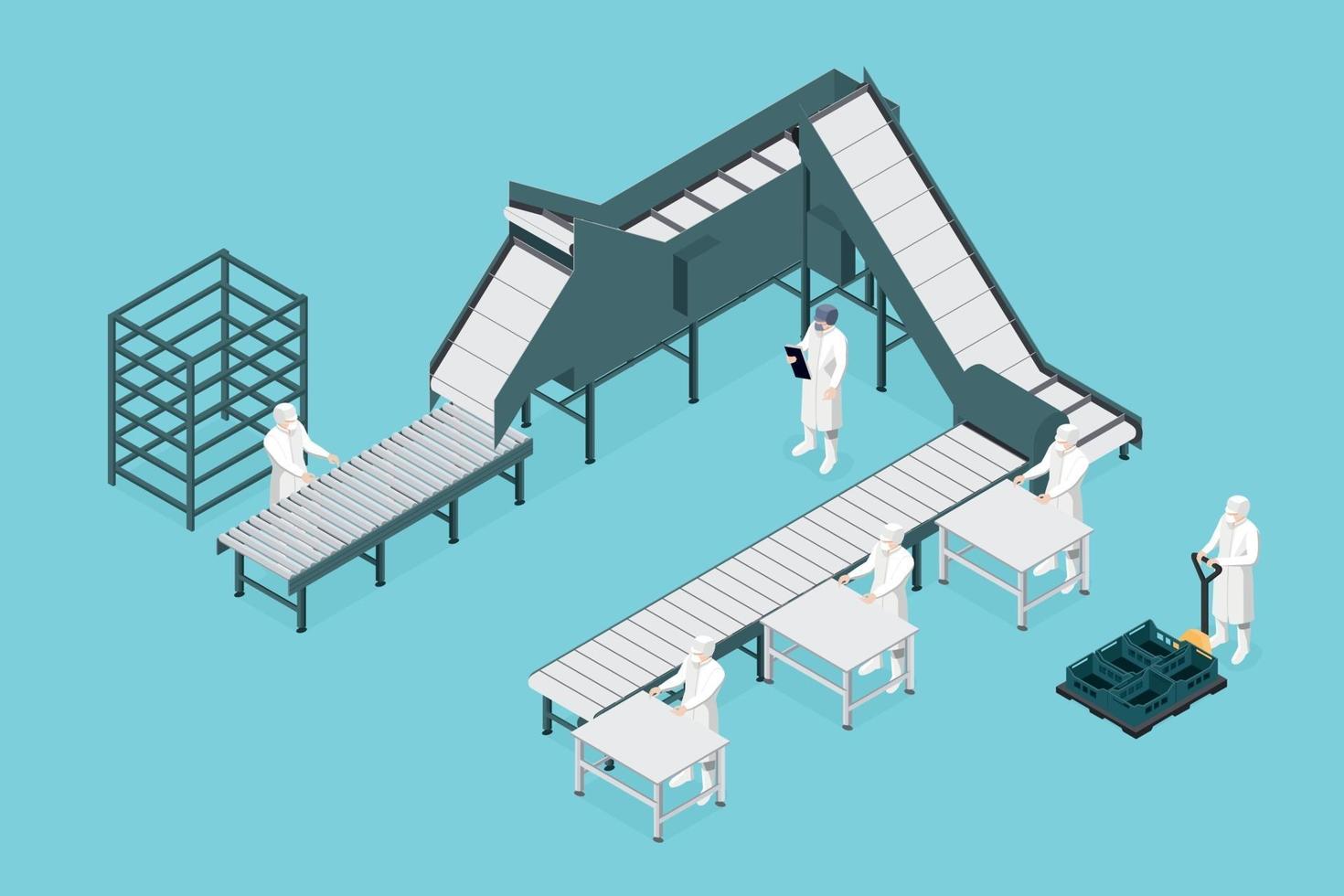 Prozesslinie in der Lebensmittelfabrik isometrisch. Nahrungsmittelindustrie vektor