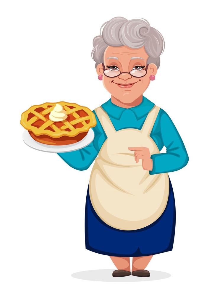 Oma hält einen leckeren Kürbiskuchen in der Hand vektor