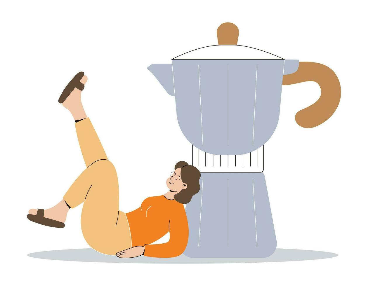 en ung kvinna liggande på de jord och lutande på en enorm kaffe pott eller kaffe tillverkare. skön rolig kaffe dricker flicka, vektor isolerat platt illustration.