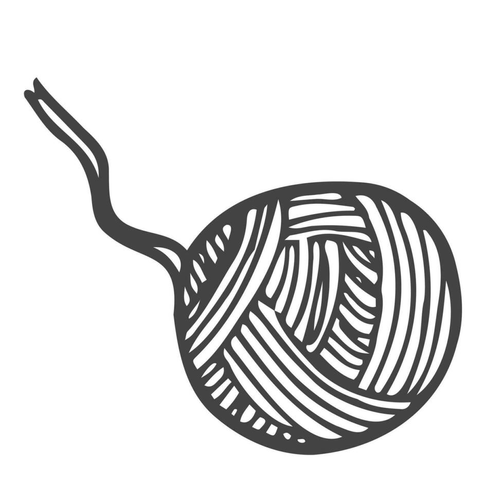 Ball von Garn im Gekritzel Stil. Handzeichnung Knäuel von Faden zum Stricken. Garn Ball im einfach Stil. zum drucken, Logo, kreativ Design. schwarz Konturen isoliert auf ein Weiß Hintergrund. Vektor Illustration.