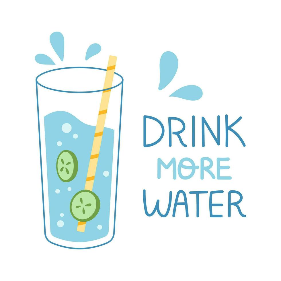 Vektor Illustration mit Glas von Wasser mit Gurke Scheiben. Wasser Tropfen. trinken Mehr Wasser Konzept. Wasser Gleichgewicht. Poster oder Banner Design. Entgiftung trinken.