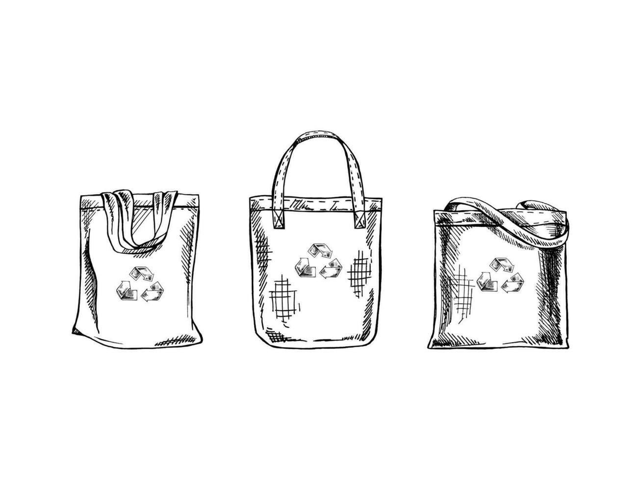 handgemalt einstellen von Skizzen von Öko-Taschen mit Recycling Symbol. ökologisch Konzept, Natur Schutz, Textil- Leinen- Tasche. Gekritzel Zeichnung. Jahrgang Illustration. vektor