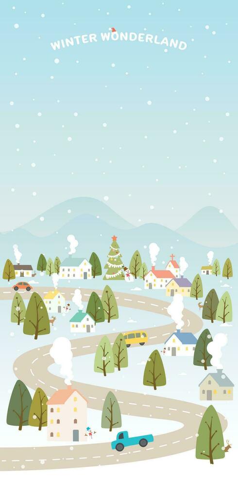 vinter- sagoland med snöfall barnslig stil vektor illustration. glad jul hälsning kort mall ha tom Plats.