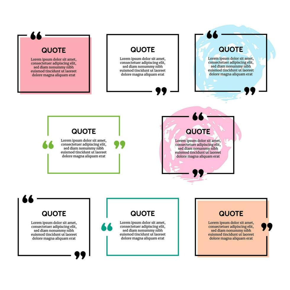 einstellen von acht rechteckig Zitat Box Frames isoliert auf Weiß Hintergrund. Vektor Illustration