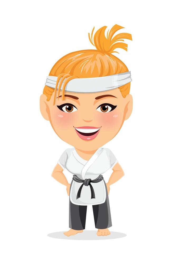 Karate-Frau im Kimono. lächelnde lustige Zeichentrickfigur vektor