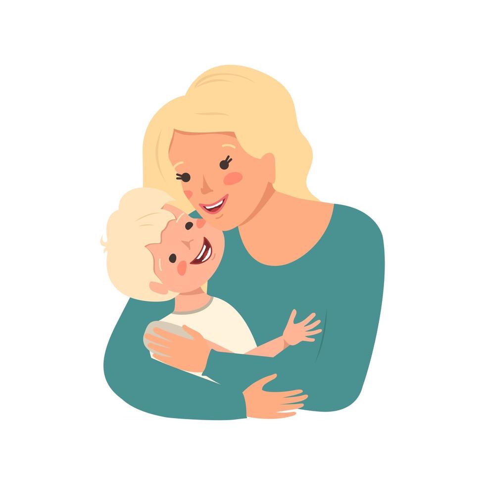 mamma med blont hår kramar sin son. glad mors dag vektor