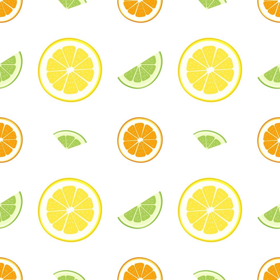 süßes nahtloses Muster von Zitrusfrüchten. Zitronen-, Orangen- und Limettendruck vektor