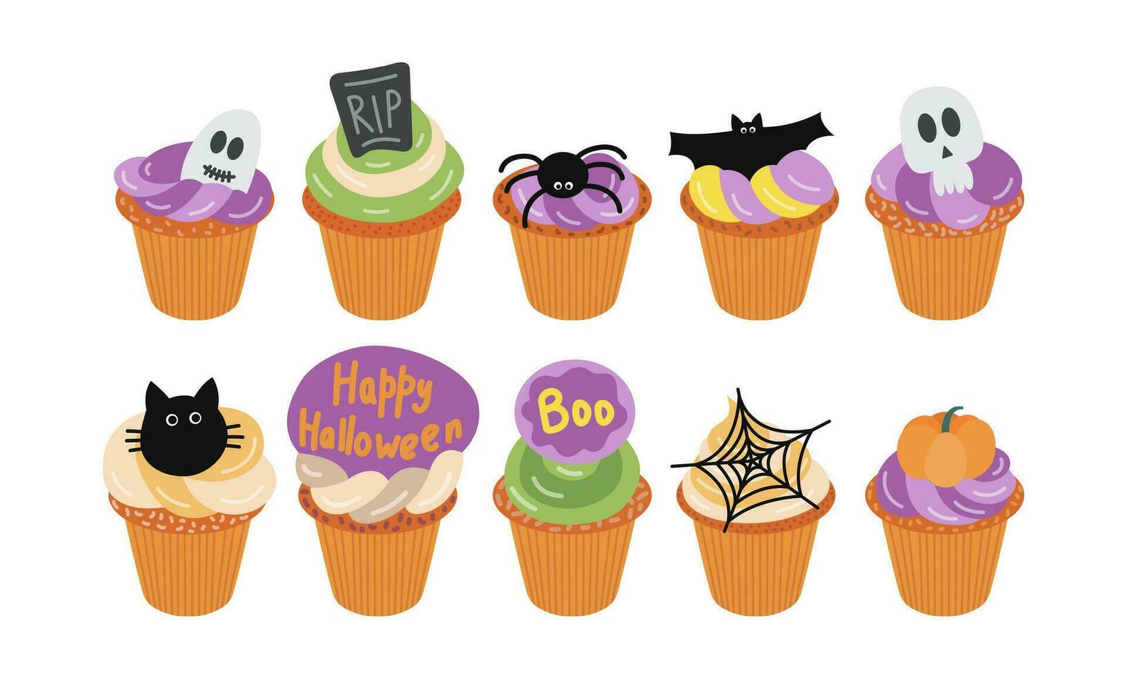 glücklich Halloween Muffins Vektor Satz. eben Stil Halloween unheimlich und gespenstisch Cupcakes Vektor Satz.