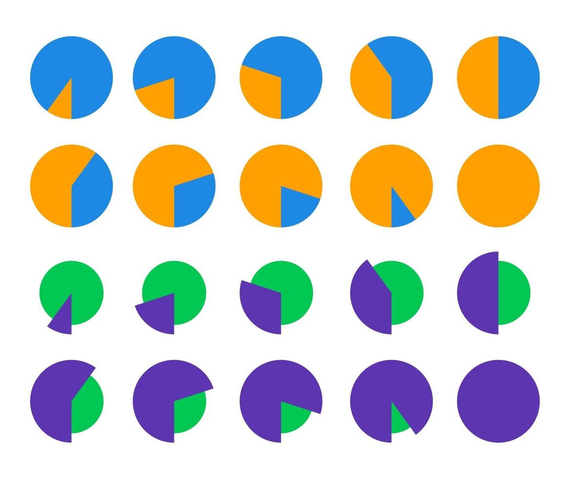 Satz von Tortendiagrammen von 10 bis 100 Prozent im flachen Stil für Infografiken vektor