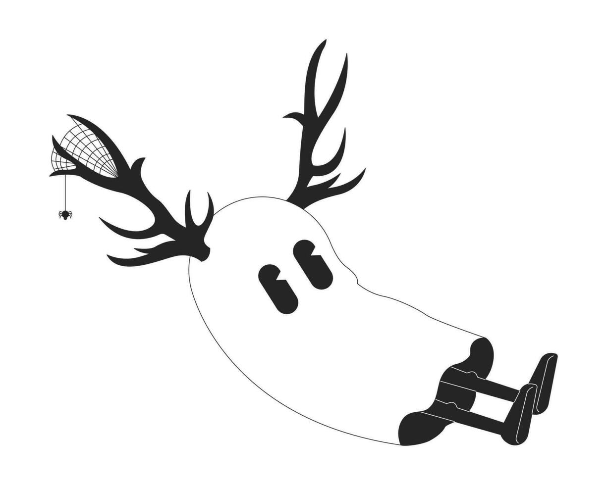 söt spöke bär rådjur horn svart och vit 2d linje tecknad serie karaktär. halloween vänlig anda med spindelnät isolerat vektor översikt personlighet. söt spöke enfärgad platt fläck illustration
