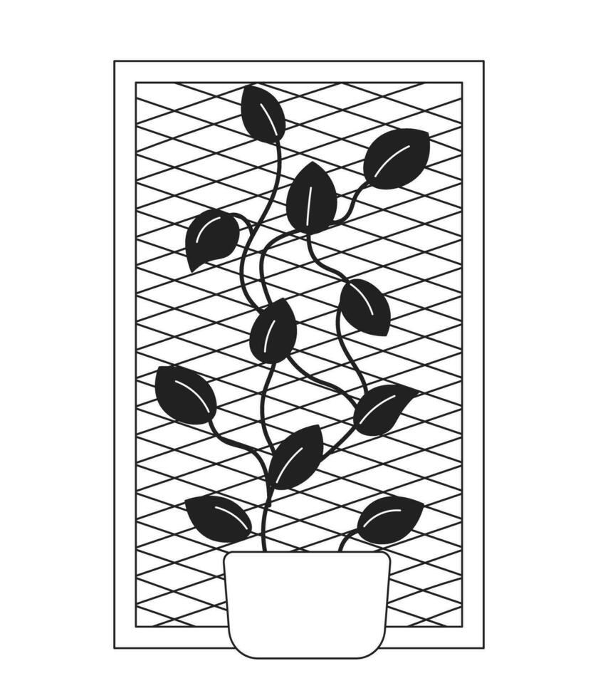 klättrande växt på rutnät ram svart och vit 2d tecknad serie objekt. vägg av löv isolerat vektor översikt Artikel. sommar visa. träslöjd fönster med krypande växter enfärgad platt fläck illustration