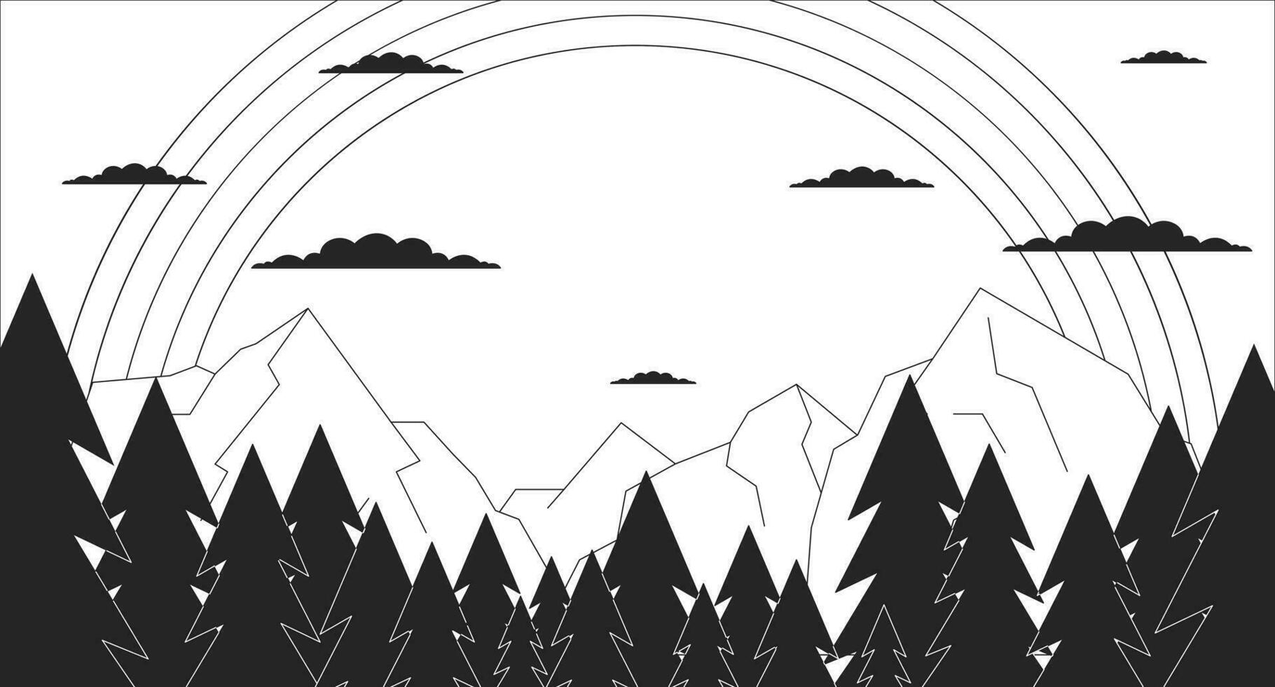 fredlig regnbåge i bergen svart och vit tecknad serie platt illustration. skog klippig 2d linjär landskap bakgrund. årgång hippie bergslandskap. häftig retro svartvit scen vektor översikt bild