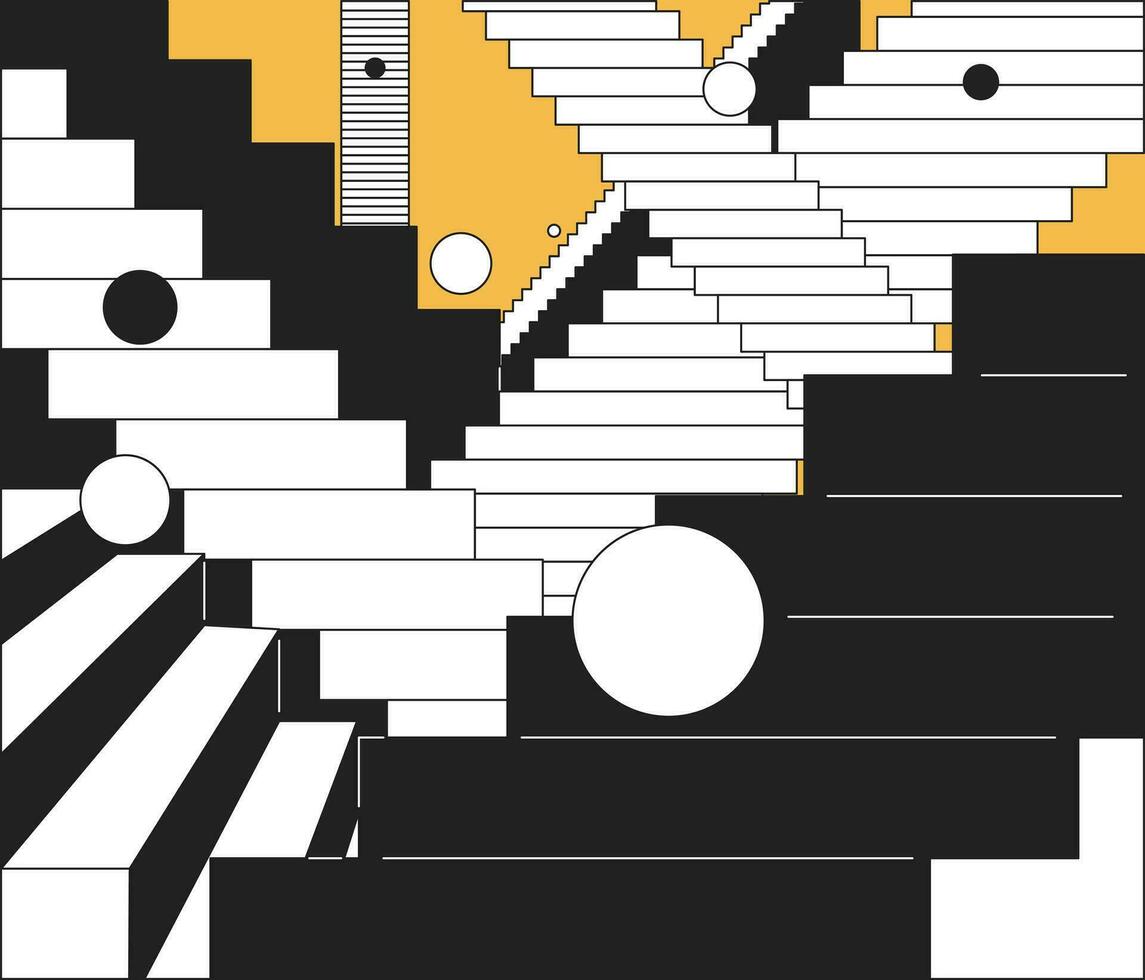 labyrint trappa overkligt svart och vit 2d illustration begrepp. studsig bollar trappa isolerat tecknad serie översikt scen. fantasi geometrisk. psychedelic retro steg liknelse svartvit vektor konst