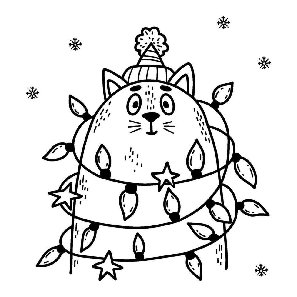 rolig vinter- katt med jul krans. vektor illustration. översikt hand teckning. xmas design , Semester kort, dekor, färg. söt barn samling.