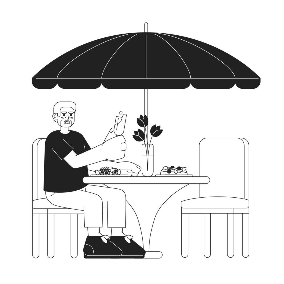 äldre kille på uteplats dining restaurang svart och vit 2d tecknad serie karaktär. europeisk gammal skäggig man äter middag isolerat vektor översikt person. toasting glas enfärgad platt fläck illustration