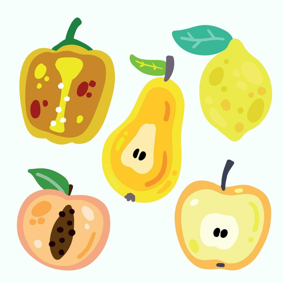 frukt och grönsaker isolerat på vit. uppsättning av färsk vegetarian mat. utsökt ljuv mellanmål efterrätt i färgrik tecknad serie stil. äpple, peppar, päron, aprikos, persika och citron. vektor