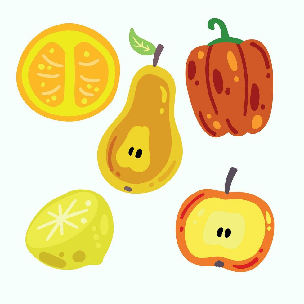 frukt och grönsaker isolerat på vit. uppsättning av färsk vegetarian mat. utsökt ljuv mellanmål efterrätt i färgrik tecknad serie stil. äpple, peppar, päron, och citron. vektor