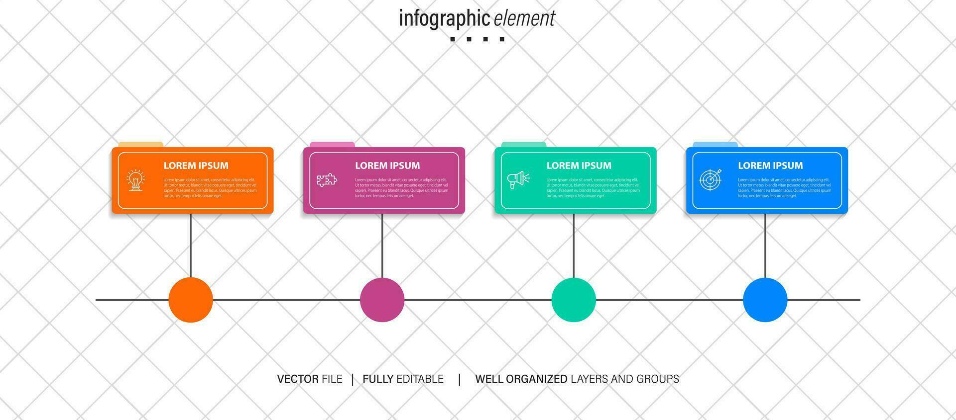 Verstand Karte Infografik Vorlage oder Element wie ein Vektor mit 4 Schritt, Verfahren, Möglichkeit, bunt Etikett, Symbole, halbkreisförmig, kreisförmig, Ast Pfeil, zum Verkauf rutschen oder Präsentation, minimal, modern Stil