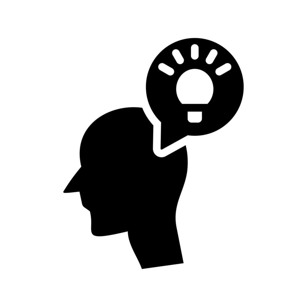 Kopf Profil Symbol mit habe gedacht Idee Gedanken. Gesicht mit Licht Birne. Clever Idee Lampe Symbol. Verstand Kontrolle, positiv Denken und Inspiration, Psychologie, Vektor Illustration auf ein Weiß Hintergrund.