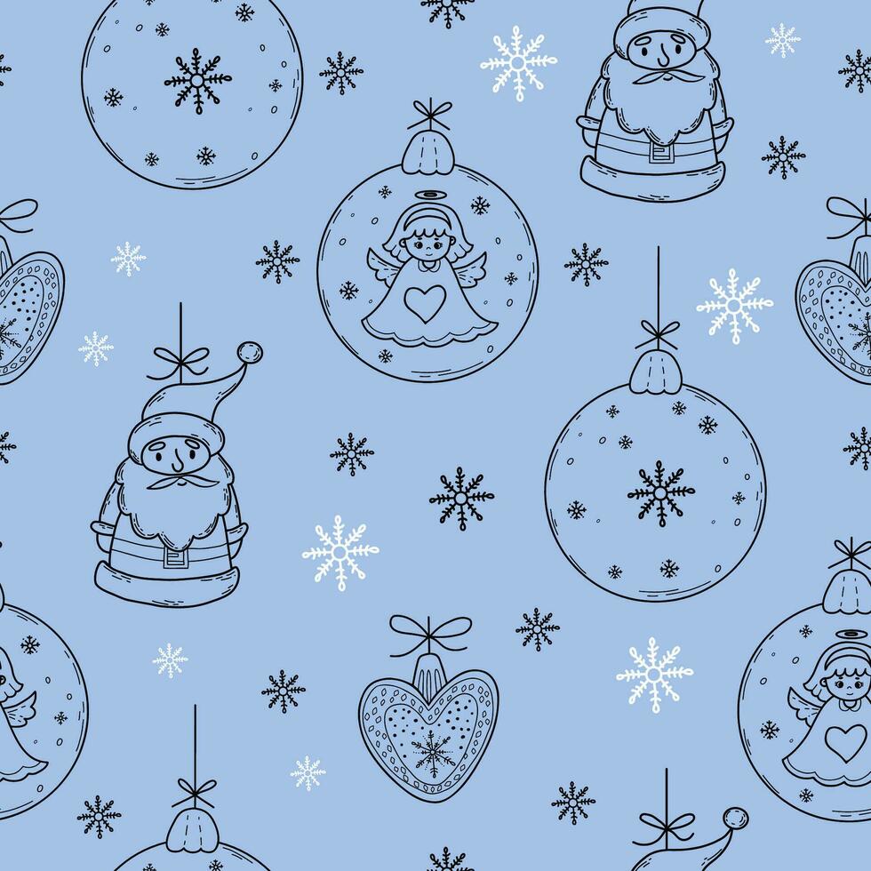 nahtlos Neu Jahr Muster mit Santa Klaus, Weihnachten Ball mit Engel auf Licht Blau Hintergrund mit Schneeflocken. Vektor Illustration. Gliederung Hand Zeichnung. süß Weihnachten Kinder Sammlung.