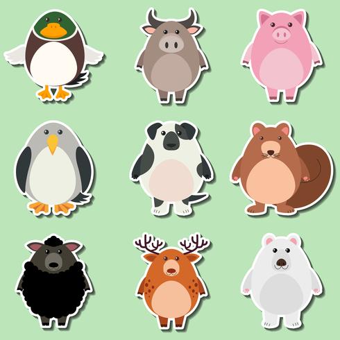 Klistermärke design för söta djur på grön bakgrund vektor
