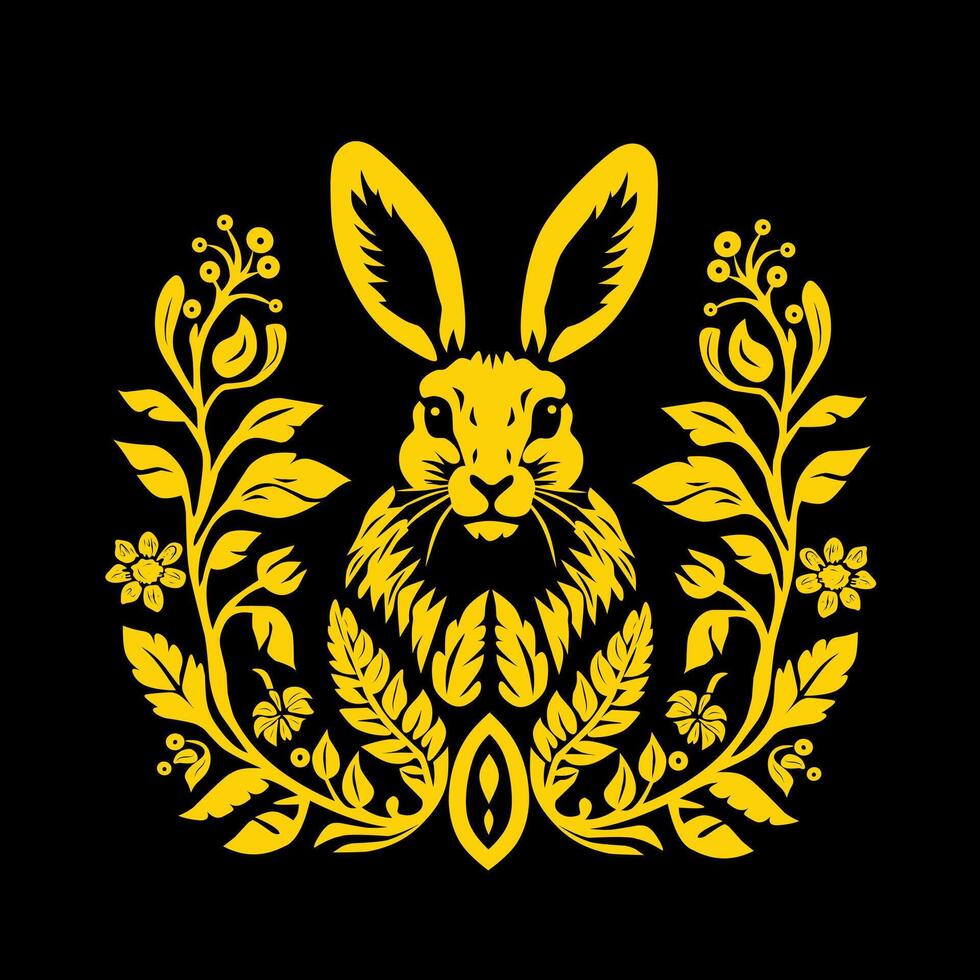 kanin illustration design med en guld blomma ram på en svart bakgrund vektor