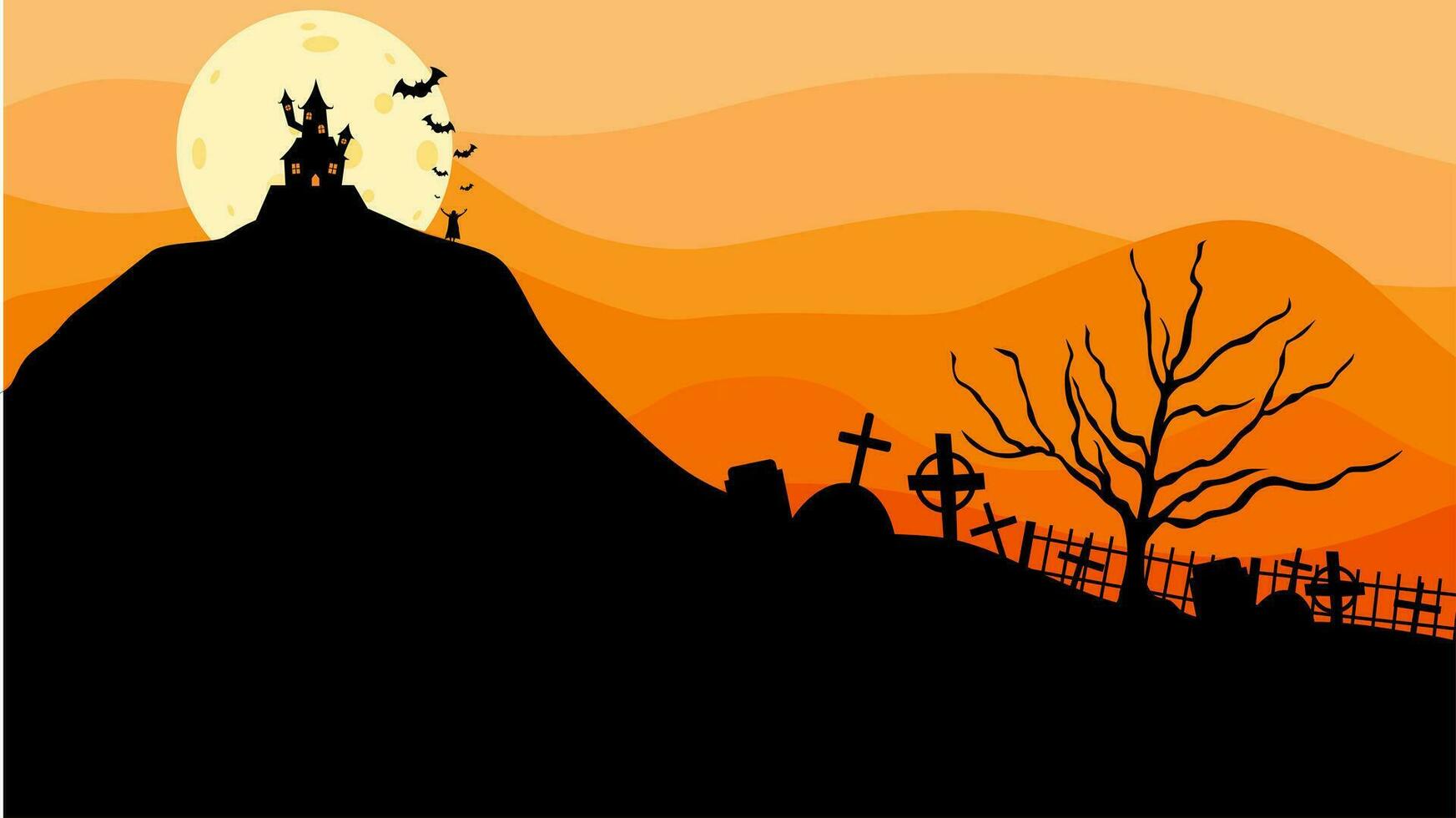 halloween slott platt design vektor illustration. halloween baner med silhuett av skrämmande slott på orange bakgrund med full måne. illustration för Semester kort, inbjudningar, banderoller