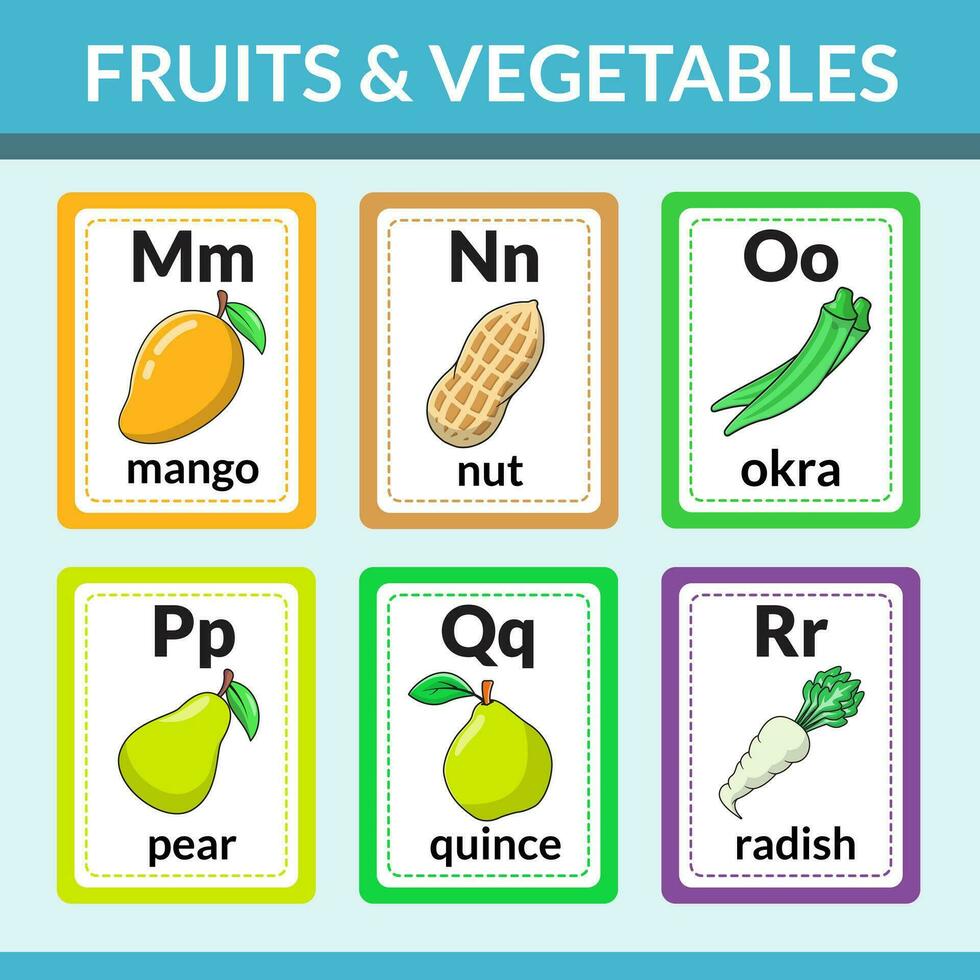 Früchte und Gemüse Karteikarten zum Einführung Alphabete und Wortschatz Vektor Illustration