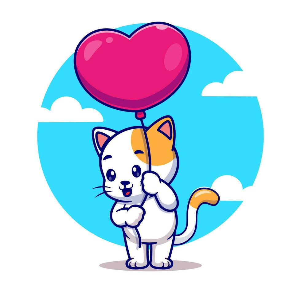 söt katt innehav ballong tecknad serie vektor ikon illustration