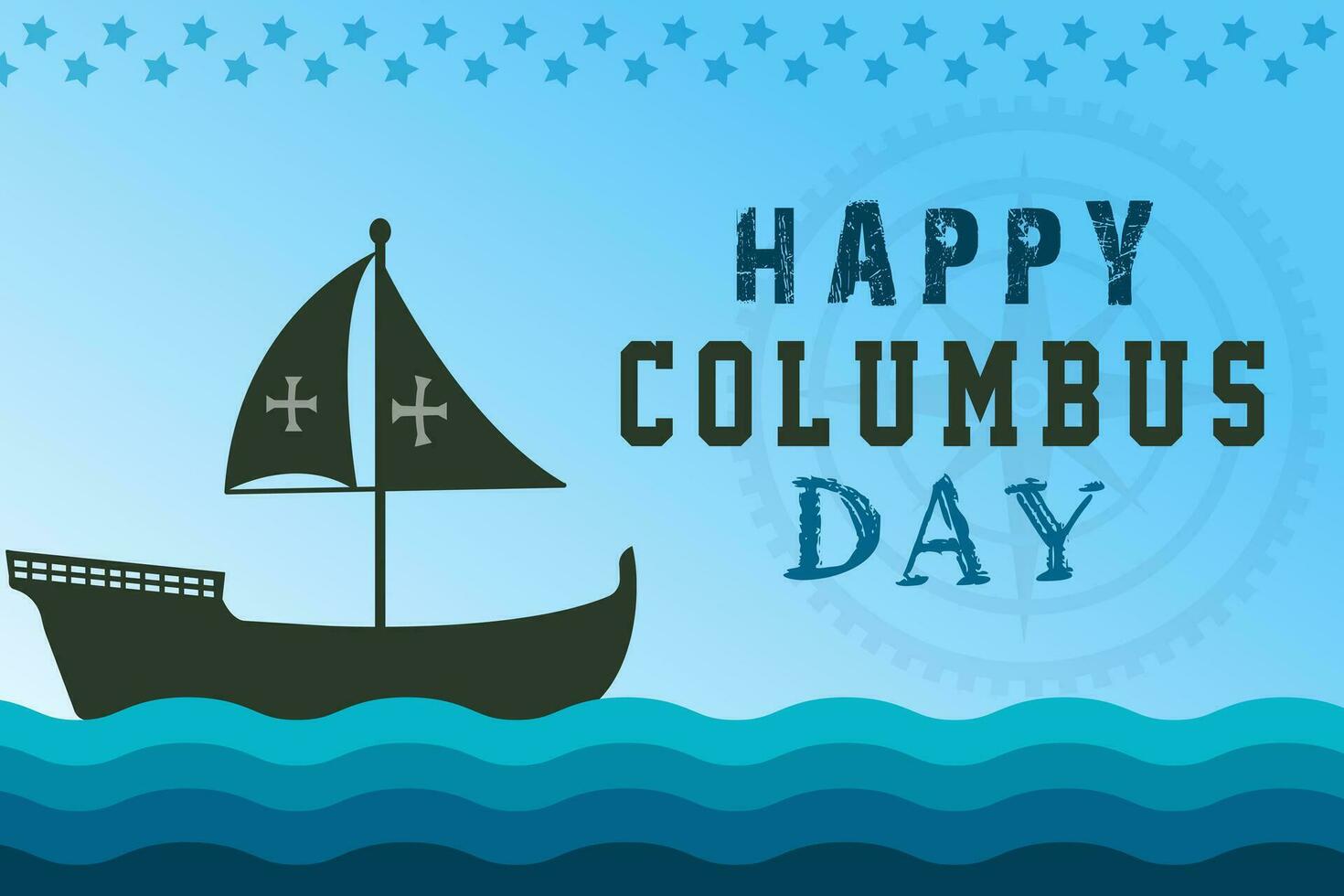 Lycklig columbus dag hälsningar kort med segling fartyg segelbåt. christopher columbus nationell USA Semester baner med amerikan flagga, hav vågor, styra hjul och kompass. upptäckt av Amerika Spanien tema. vektor
